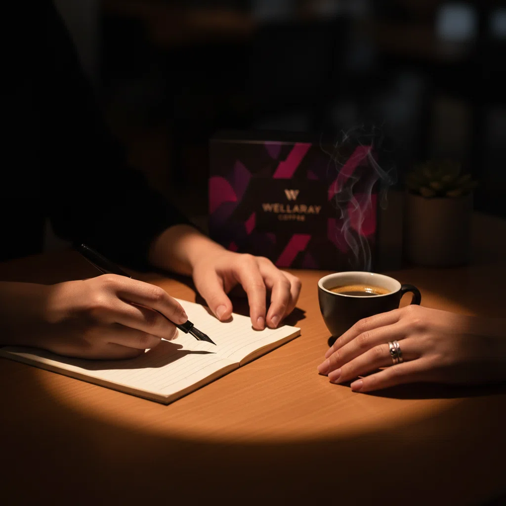 Hände am Schreibtisch mit Wellaray Coffee Produktbox - redaktionelle Qualitätsprüfung Pinehurst Nutrition