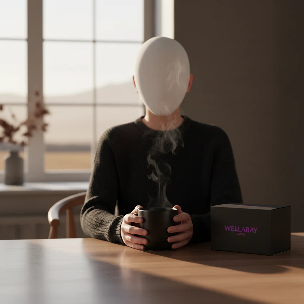 Anonyme Person mit Wellaray Coffee am Morgen - tägliche Morgenroutine Ernährungsergänzung